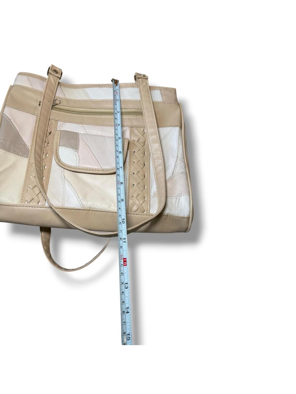 Vintage Patchwork Purse Cream Tan Leather Braided Shoulder Zipper Bag EUC - Picture 8 of 8